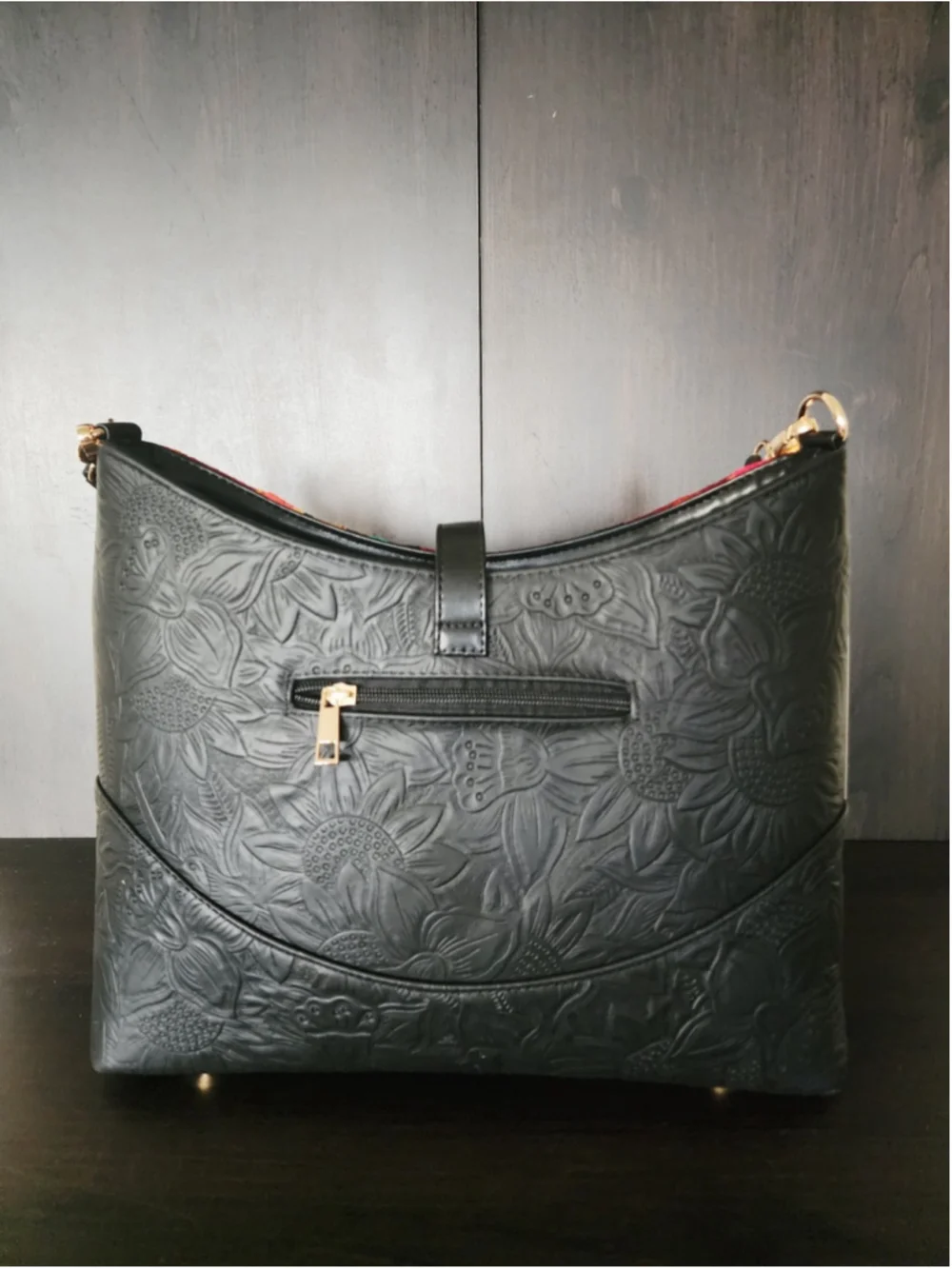 Floral Embroided Embossed Tooled Artisan LEATHER Handbag Shoulder Purse Black